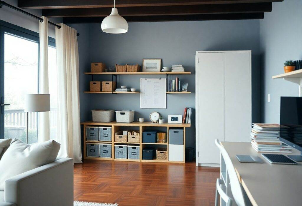 Salon moderne avec étagères et bureau.