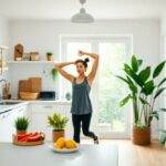 Femme s'étire dans une cuisine moderne.