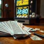 Billets de loto et argent sur une table.